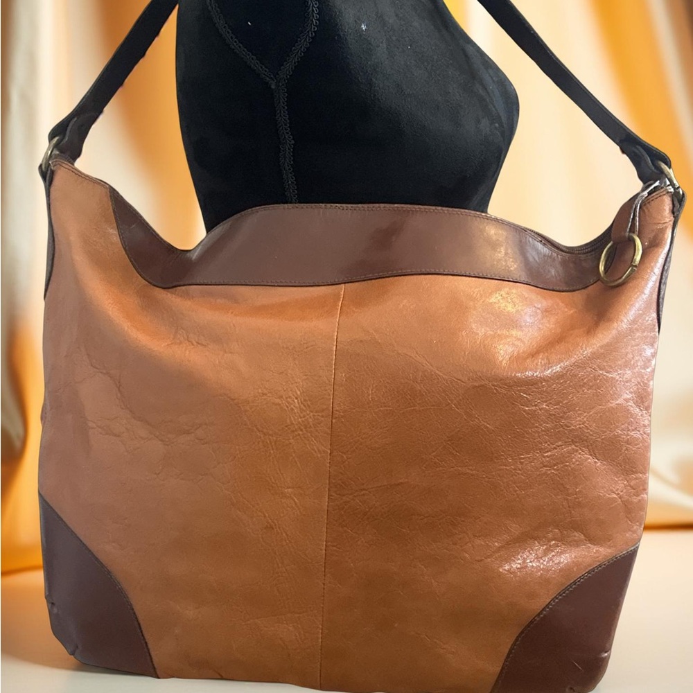 Vintage Burdines Two Tone Brown Very Large Leather Shoulder Bag Made In Italy !! - Picture 2 of 12